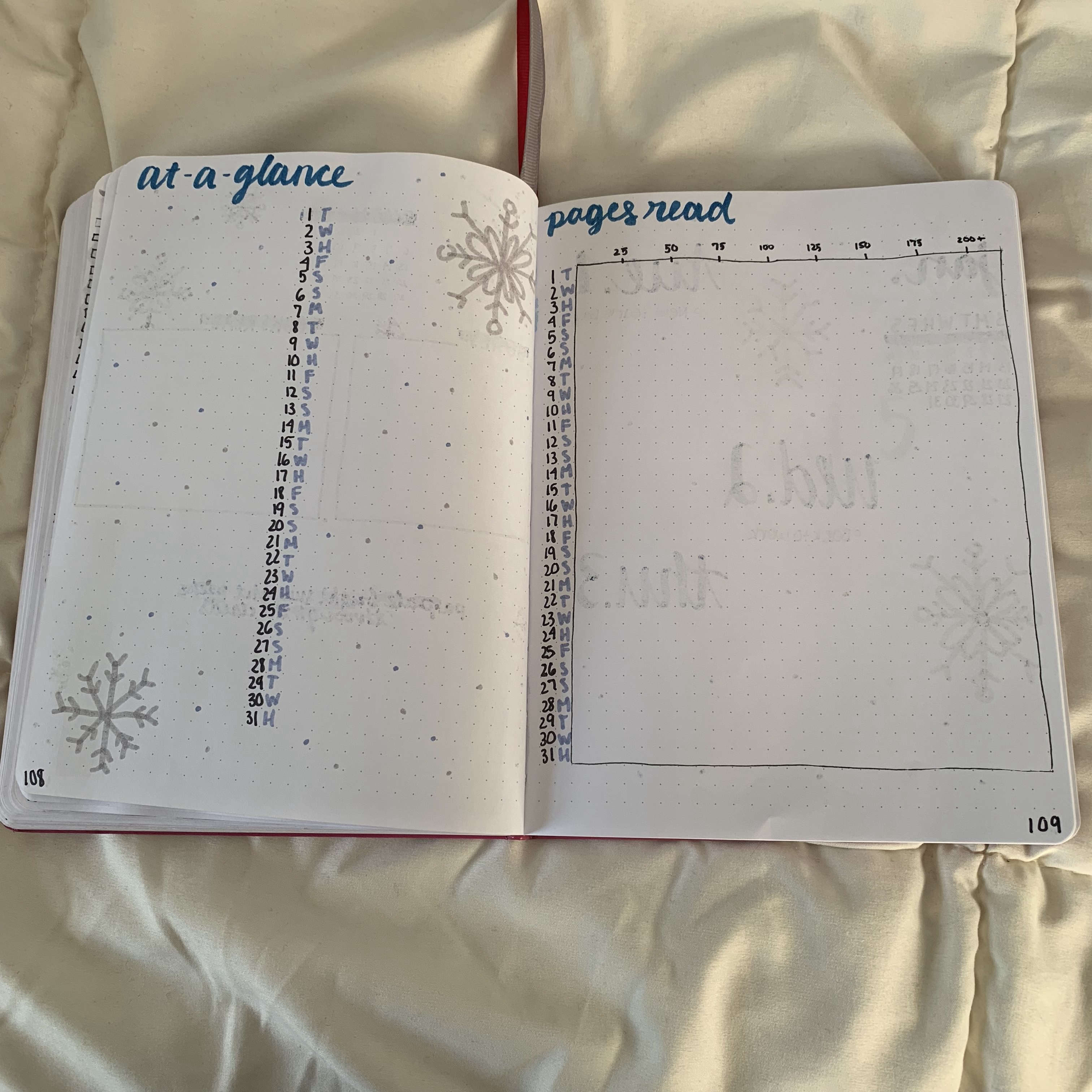 Bullet Journal Spread - 2019 January At-A-Glance / Pages Read