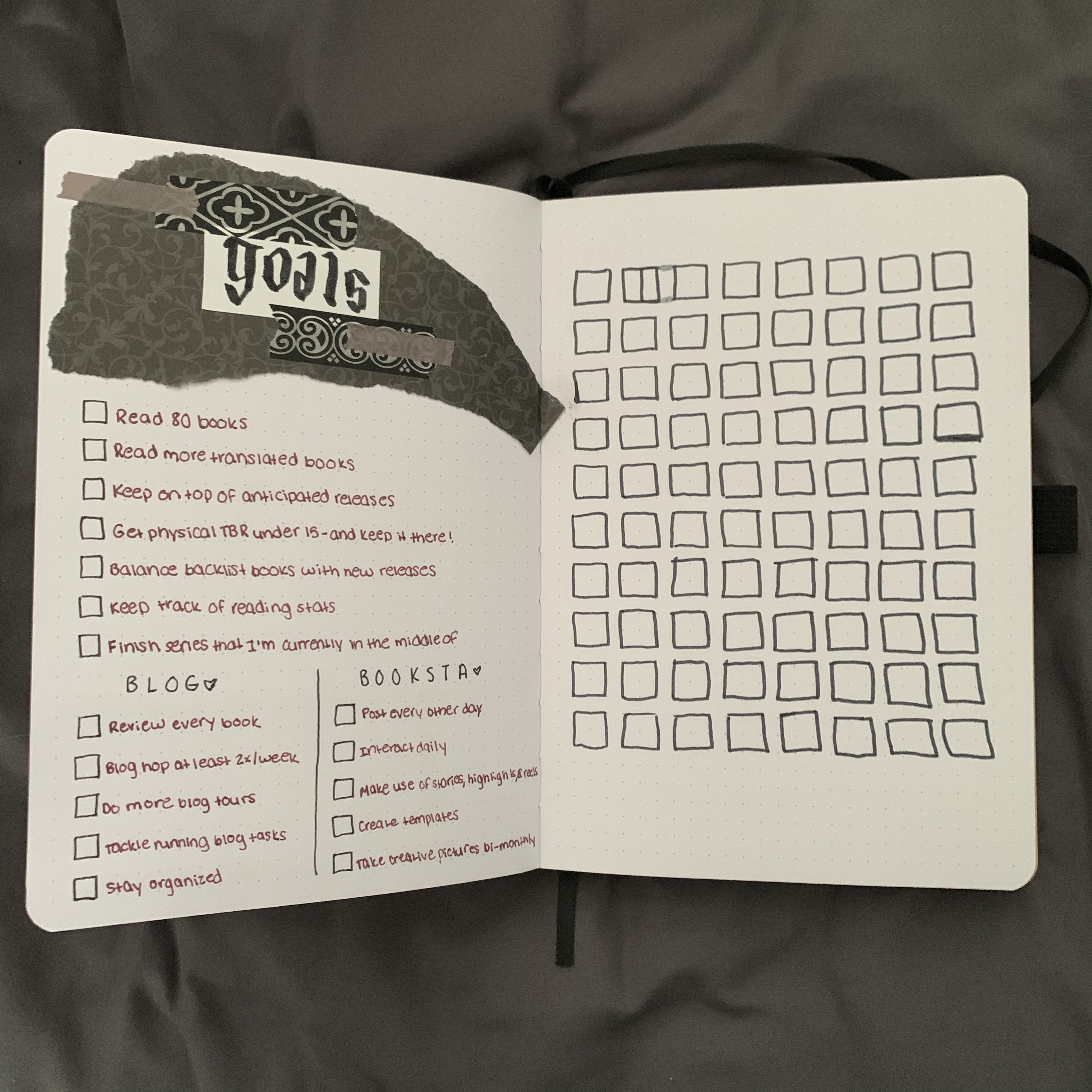 2021 Reading Journal Spread of a List of Bookish Goals and 80 Boxes to Be Filled in for Each Book Read