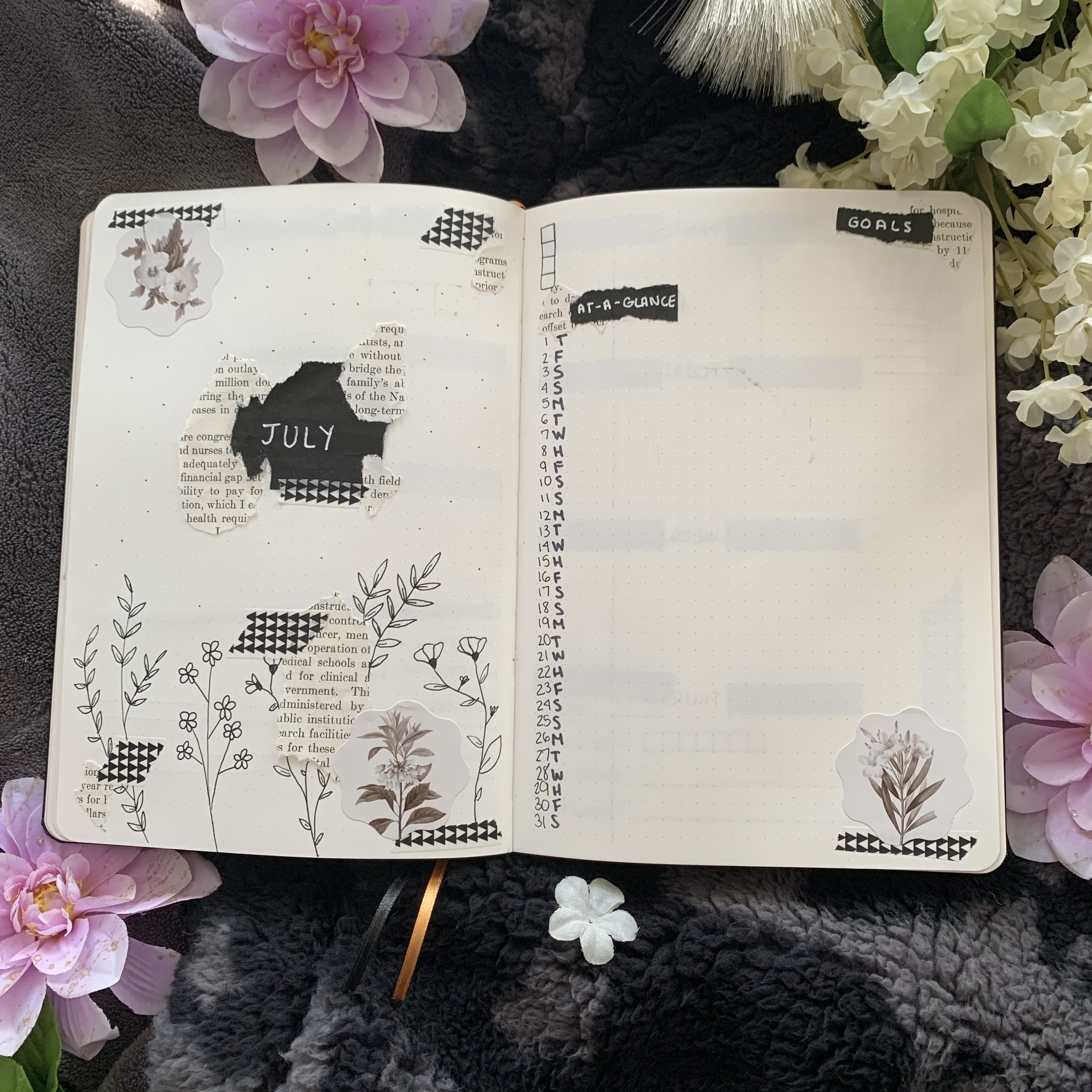 July 2021 Bullet Journal Spread - Title Page, Goals, and At-A-Glance